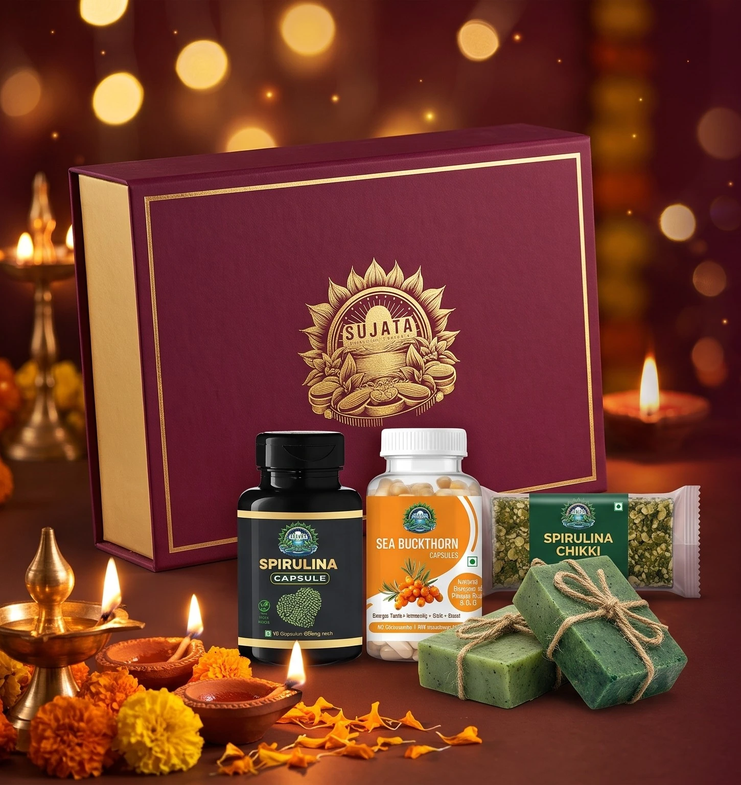 Sujata Nutrilive Shubh Diwali Festive Gift Hamper with Spirulina, Sea Buckthorn, Chikki and Handmade Soaps